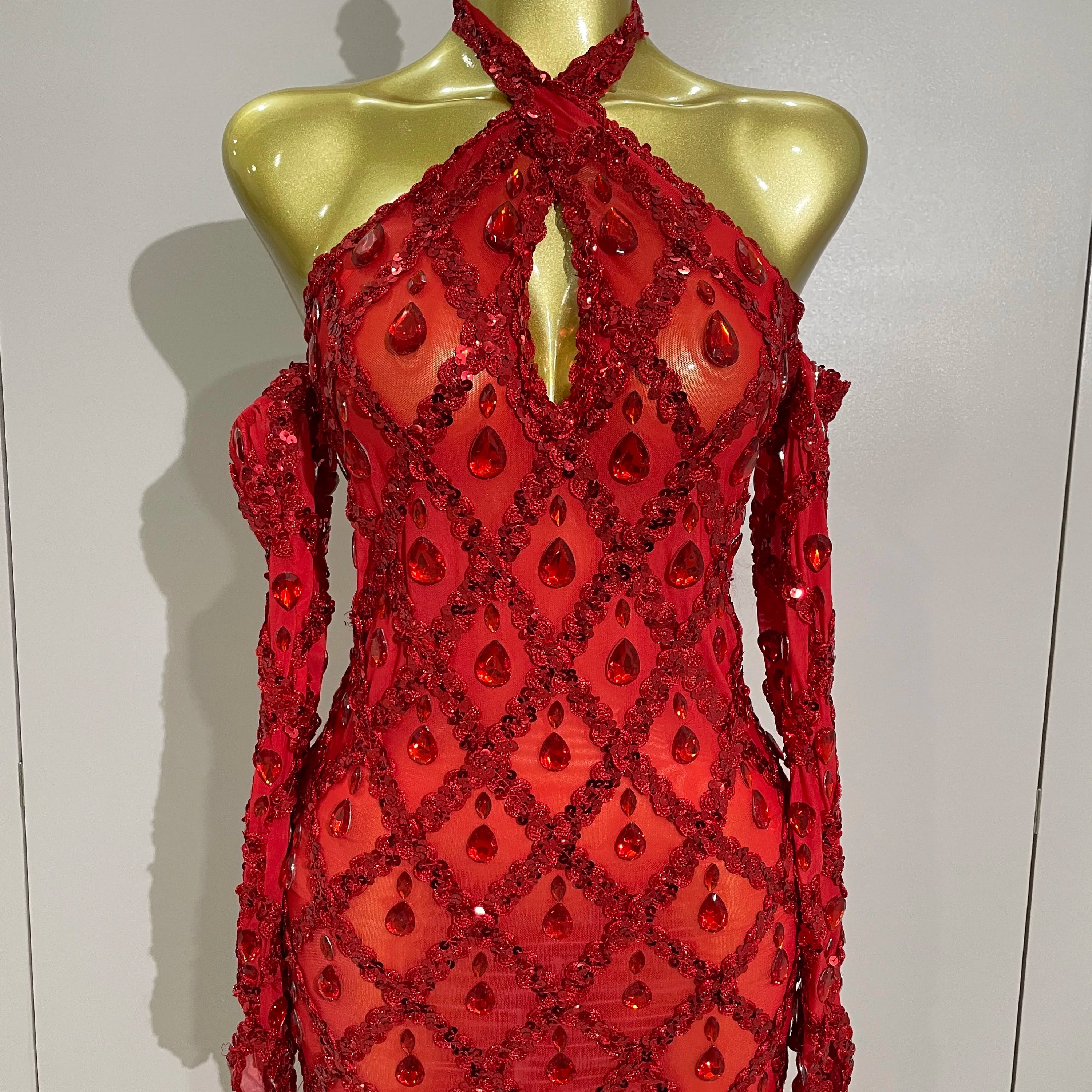 Sexy Sparkly Rhinestones Halter Mesh Long Dress With Gloves 2025 Women Celebrate Evening Wedding Prom Birthday Dress Shoot Wear