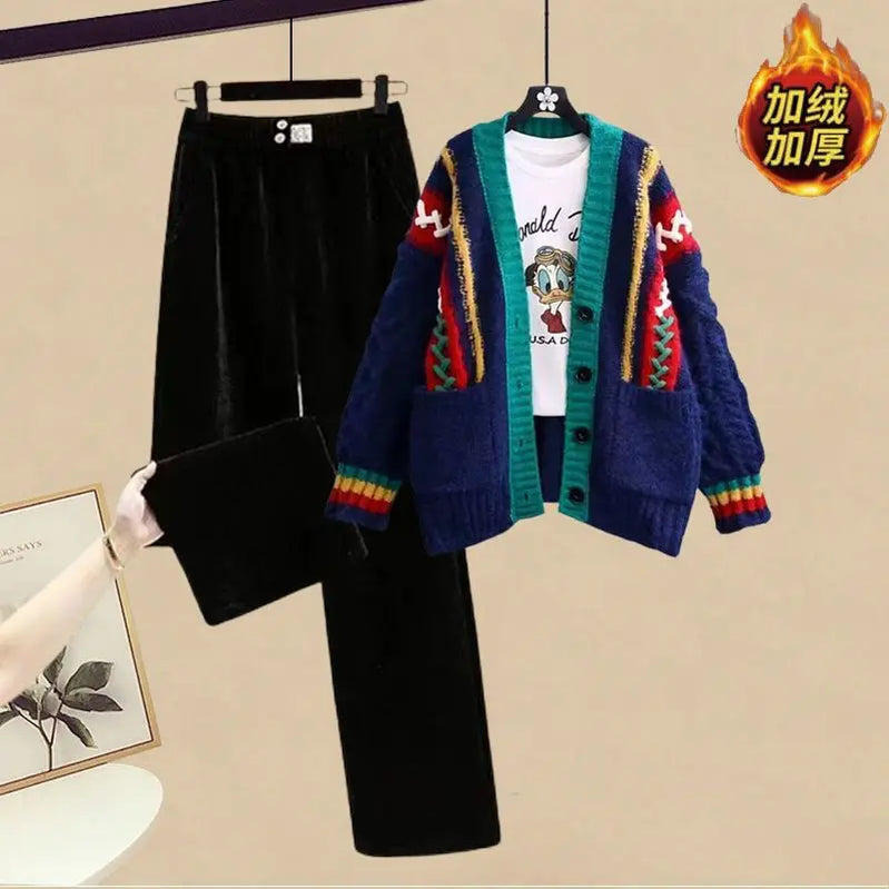 Korean Style Fashion Knitted Sweater Jacket Plush Thickened Wide Leg Pants Two Piece Elegant Women's Pants Set Winter Outfits 2pcs set 06