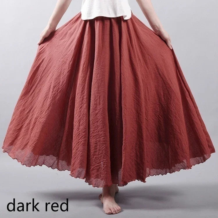 14 Colors Linen Maxi Skirt Pleated Vintage Boho Maxi Long Casual Cotton Beach Skirt Empire A-Line Linen Skirt Ladies Clothing darkred One Size