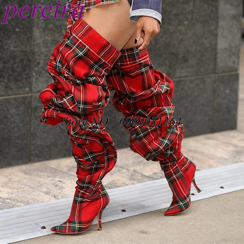 Loose Pleated Pointy Toe Boots Plaid Wide Fit Women Luxury Designer Shoes Ladies Over The Knee Botas Stiletto Mixed Color Bootie