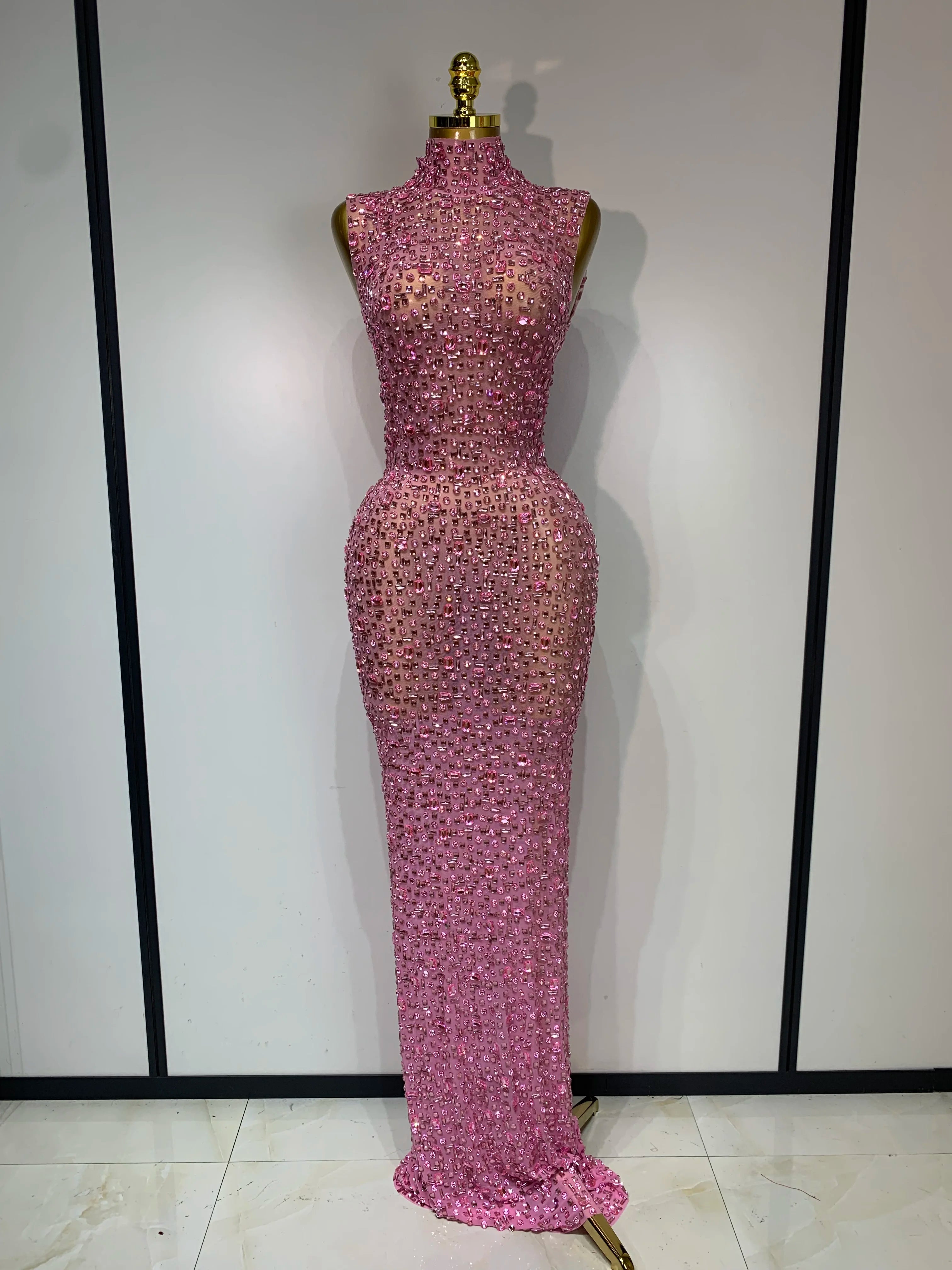Sparkly Rhinestone Sleeveless Maxi Long Dress Sexy Mesh See Through Luxury Birthday Dress Evening Party Singer Stage Outfit
