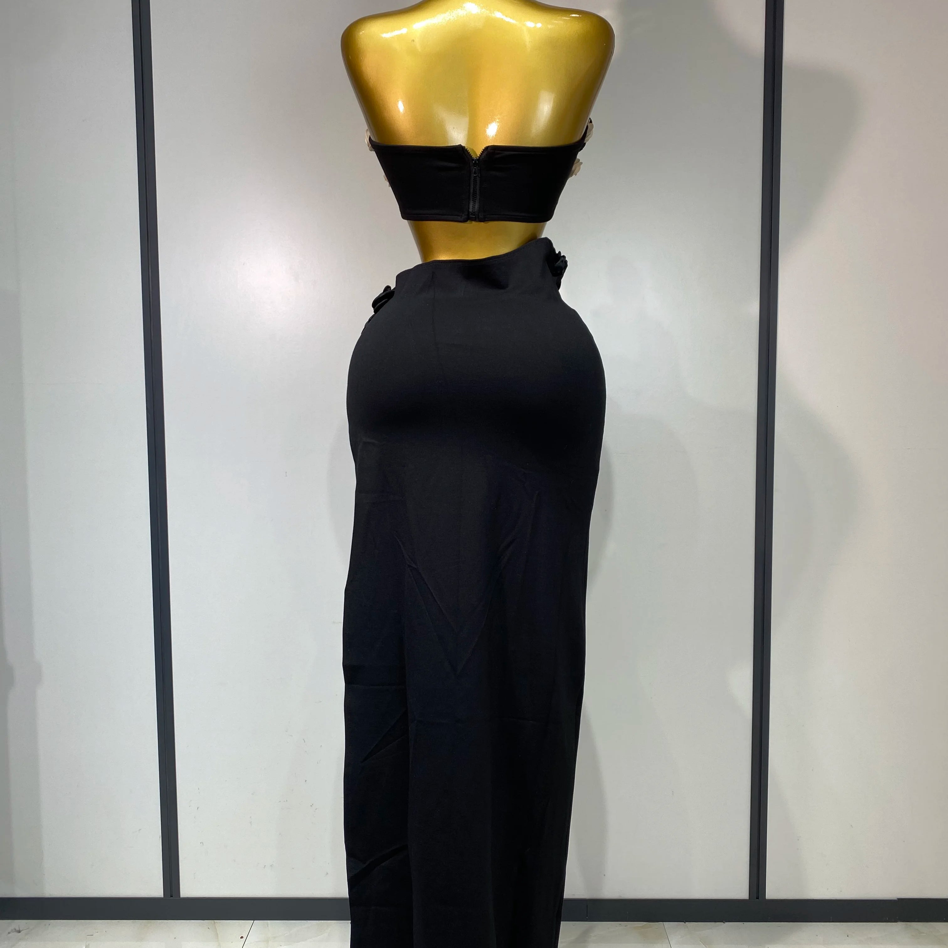 High Quality Women Sexy Flower Strapless Top High Slit Long Skirt Elegant Evening Party Two Piece Set Luxury Birthday Club Gown