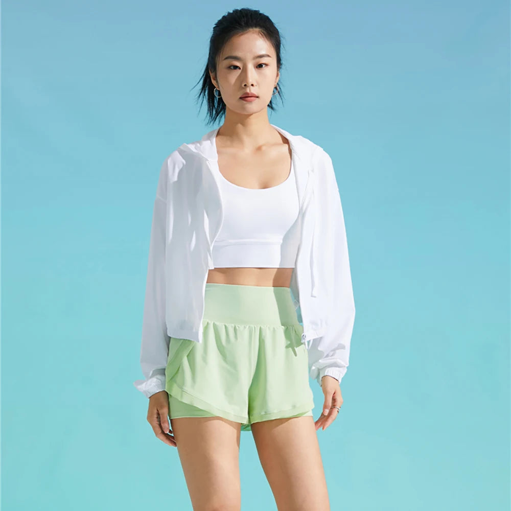 Summer Style Sun-proof Sports Jacket Long Sleeve With Hat Causal Wear Skin Friendly Breathe Freely Women Tops