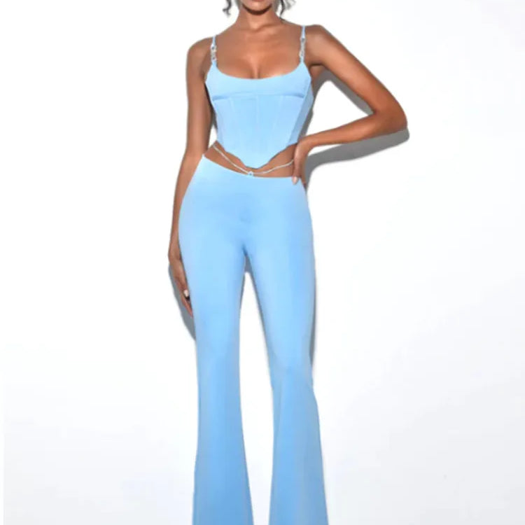 Shiny Chain Sling Sleeveless Cropped Top and Pants 2 Piece Set 2022 New Summer Women's Sexy Club Party Pants Set Outfits Blue