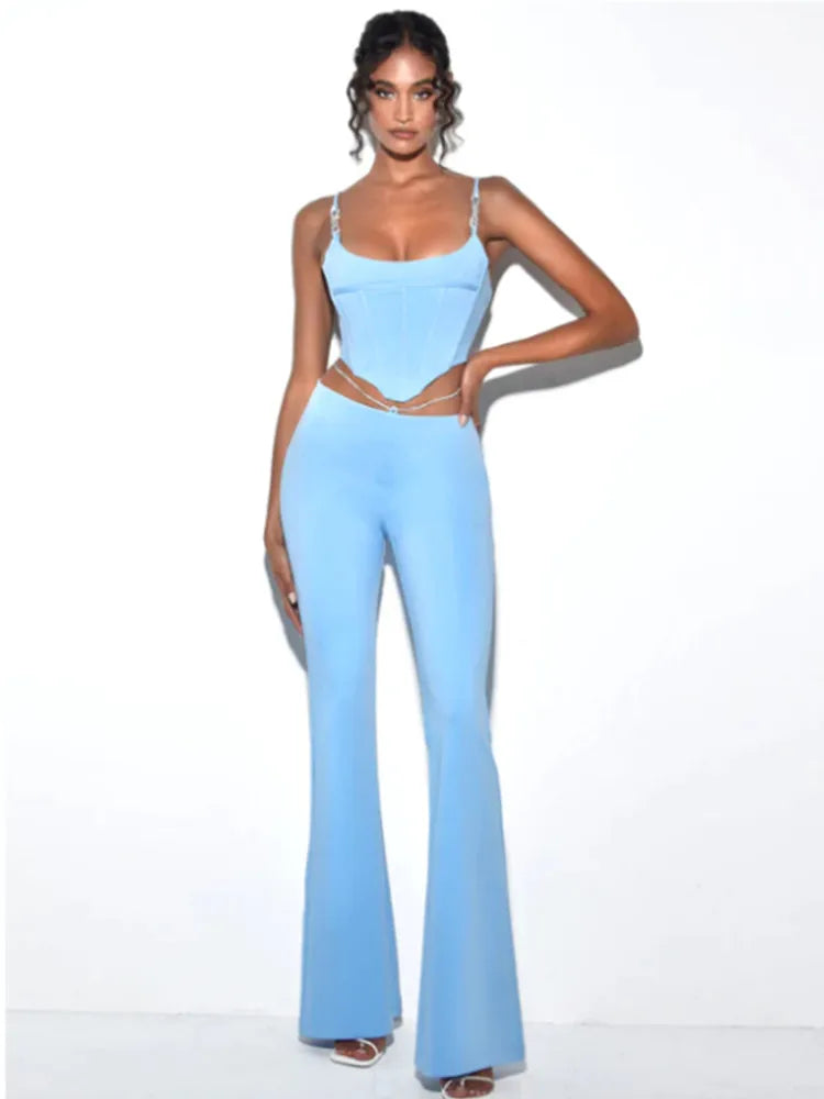 Shiny Chain Sling Sleeveless Cropped Top and Pants 2 Piece Set 2022 New Summer Women's Sexy Club Party Pants Set Outfits Blue