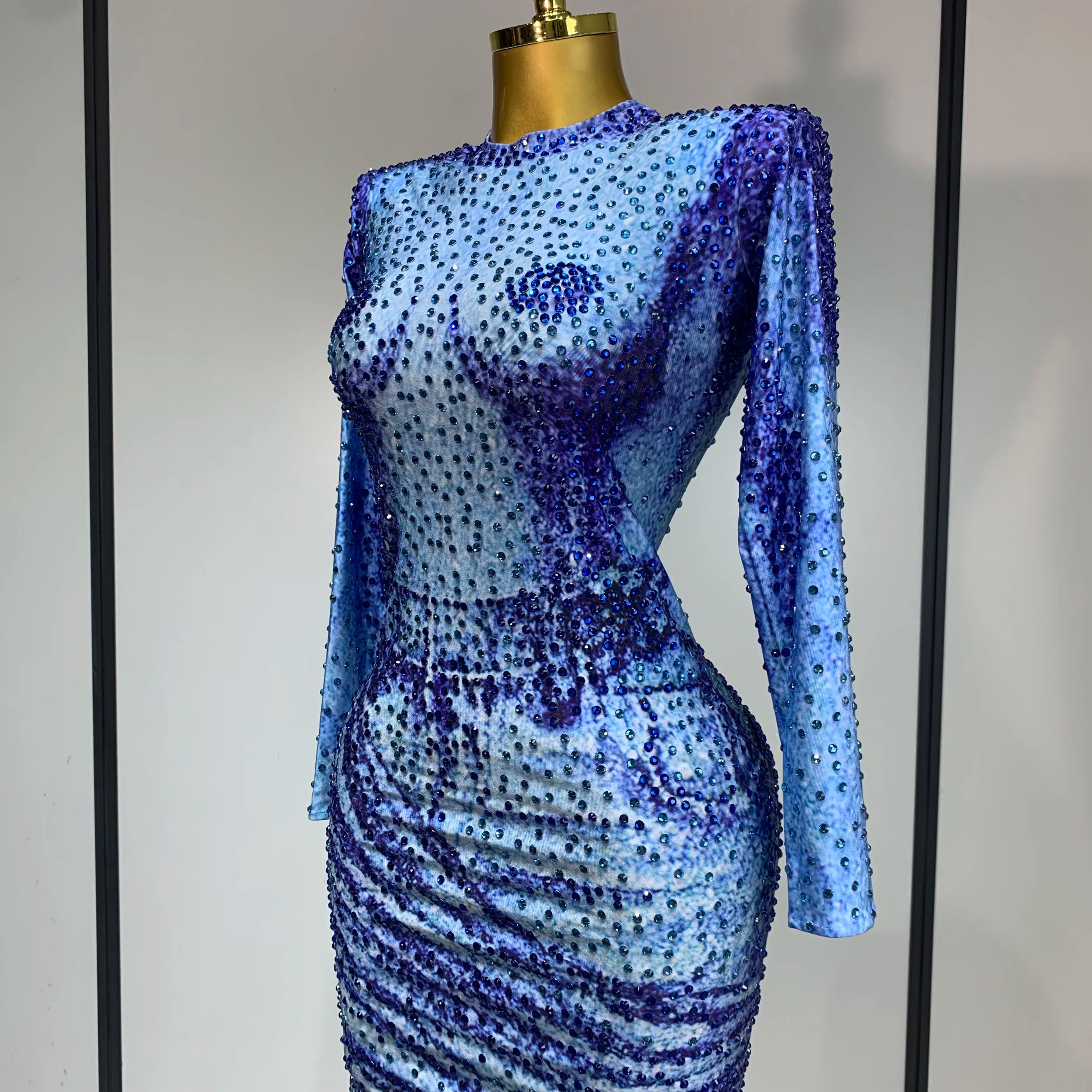 Ladies Sexy Sparkly Rhinestones Blue Long Sleeve Short Dress Women Evening Luxury Birthday Party Nightclub Singer Stage Outfit