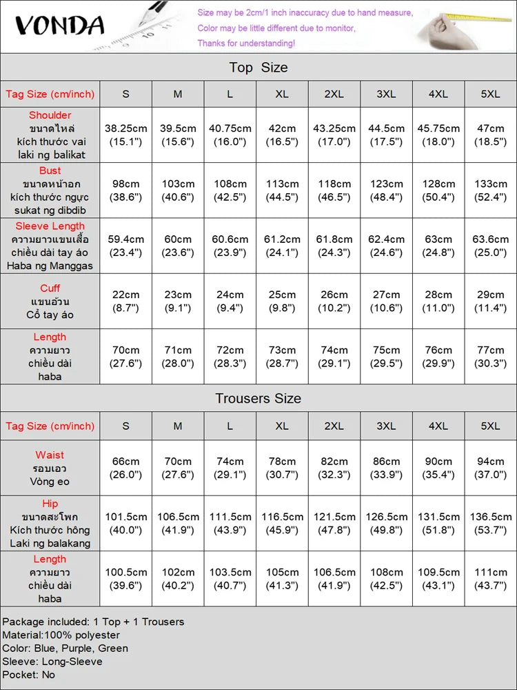 Plus Size 2024 VONDA Women Outfits 2024 Autumn Elegant Pant Sets Stylish Long Sleeve Casual Printed Top Trousers Two Piece Suits