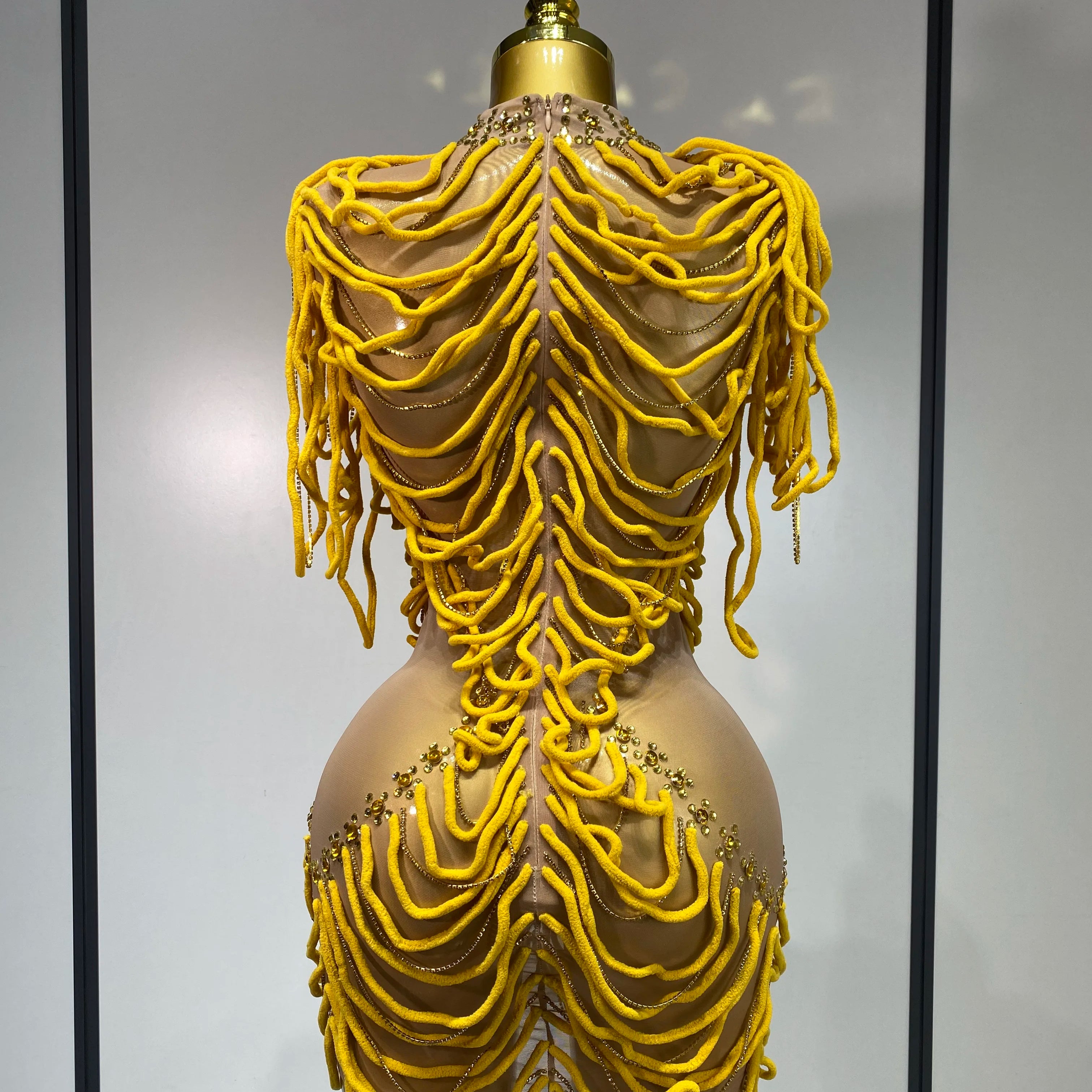 Women Sexy Mesh See Through Designer Rhinestones Chain Stage Performance Costume Nightclub Celebrate Party Luxury Birthday Dress