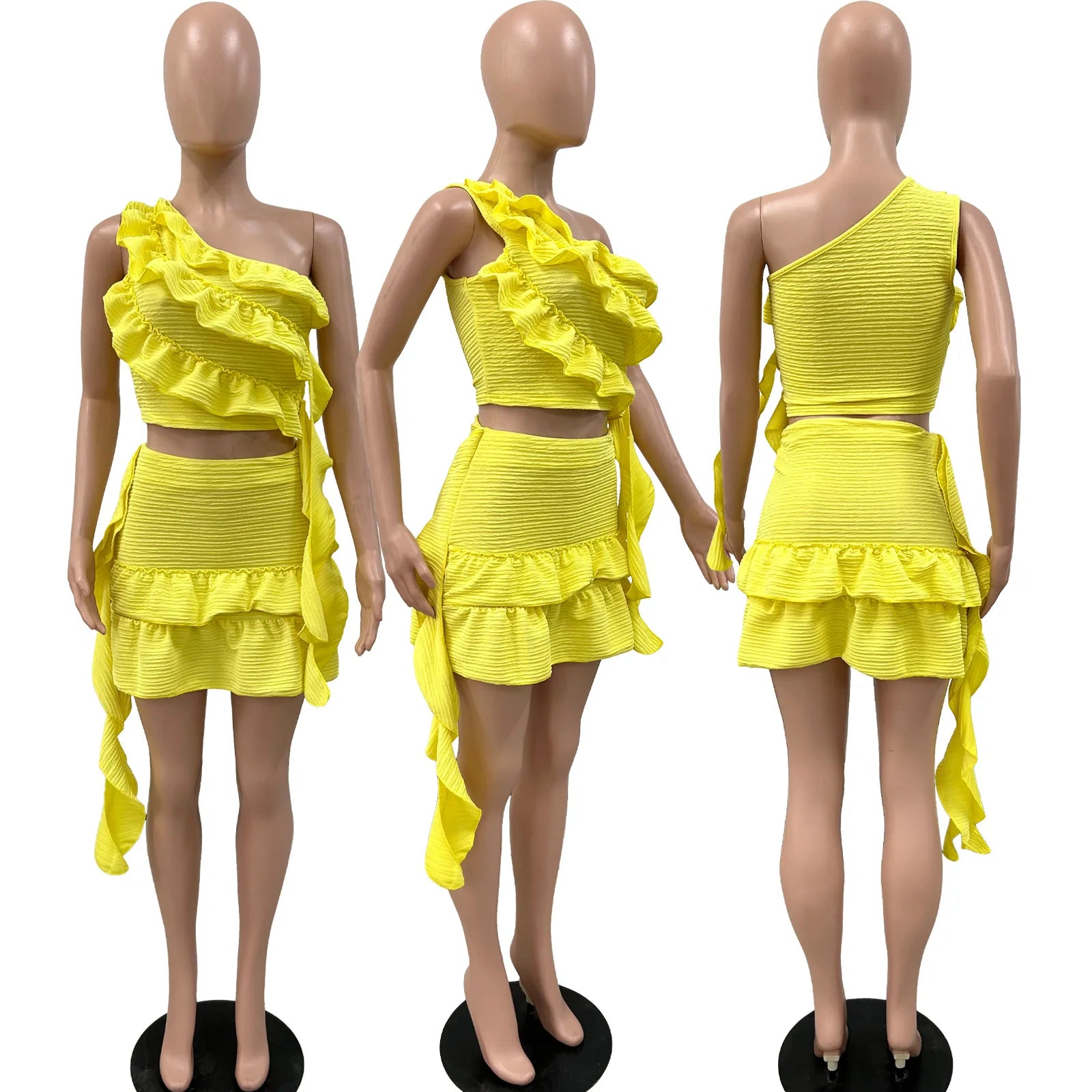 CM.YAYA Women Set Sleeveless One Shoulder Ruffles Tops and Mini Skirt Suits 2024 Sexy Cute beach Street Two 2 Piece Set Outfits