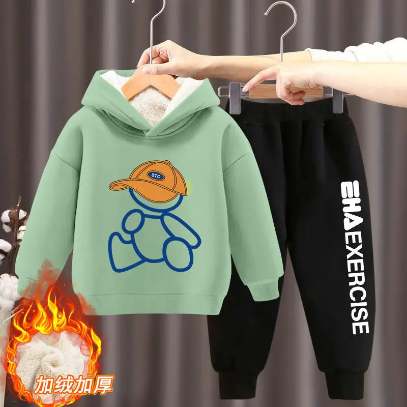 Boys Girls Clothes Hoodies Trousers Sets New Kids Cartoon Autumn Winter Long Sleeve Fleece Warm Sweatshirts Outfits 2Pcs 2-12Y 2pcs Grass green A