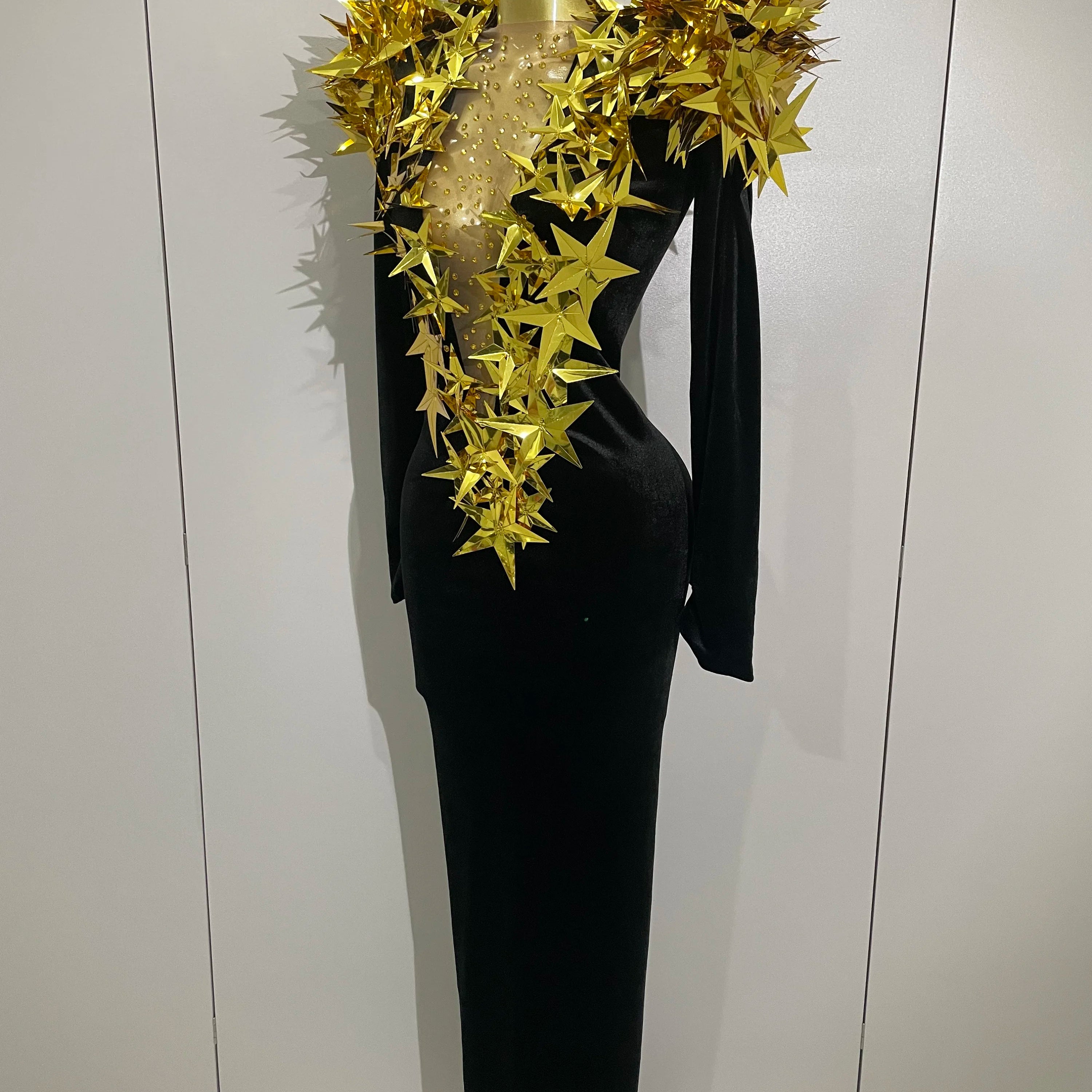 2025 New Shiny Gold Star Rhinestone Velvet Long Dress Women Evening Birthday Party Club Gala Hosts NightClub Bar Stage Costumes