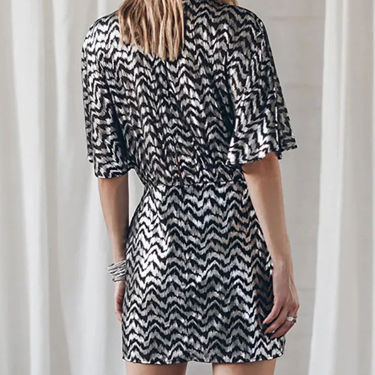 Round Neck Backless Hollow Out Women Dress Summer Casual Femme Half Sleeve Print Dress Streetwear Loose Mini Black Dress Vestido