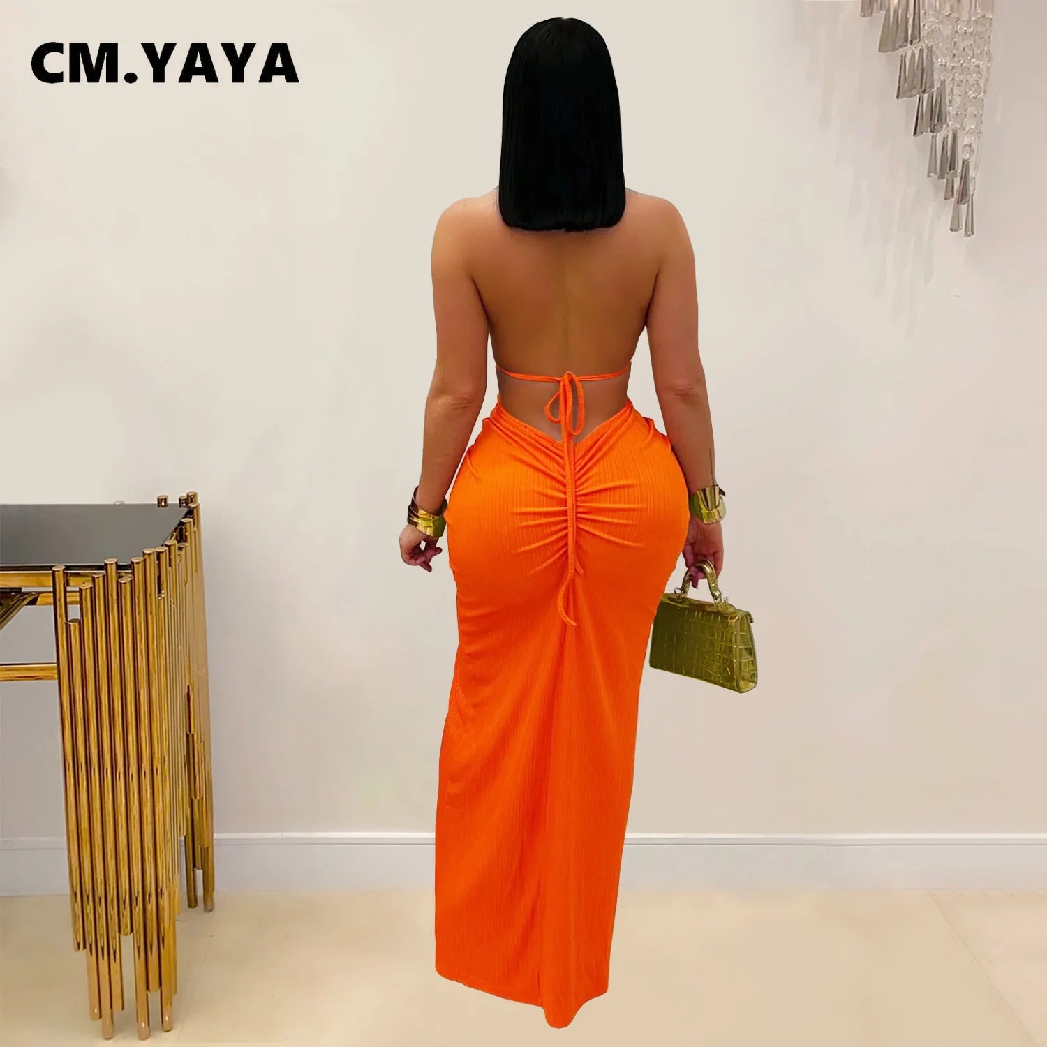 CM.YAYA Women Hemp Rope Halter Neck Stacked Ruched High Split Knit Bodycon Midi Maxi Long Dress 2025 Birthday Sexy Party Dresses