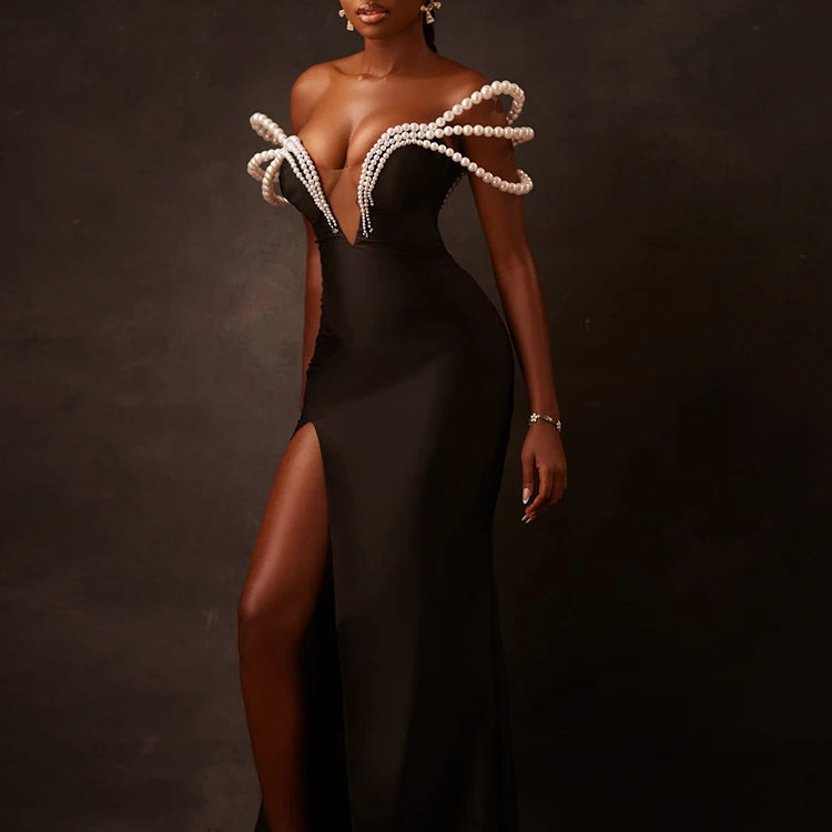 VC Chic Off-Shoulder Black Maxi Dress with Pearl Cut out High Slit Design for Gala Party Glamorous Gown