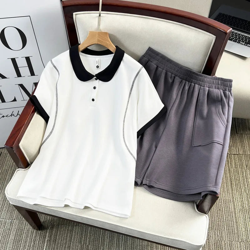 Plus Size Women's Set Casual Color Blocking Short Sleeve Tops And Grey Shorts Two Piece 100KG Sports Suit Summer 2025