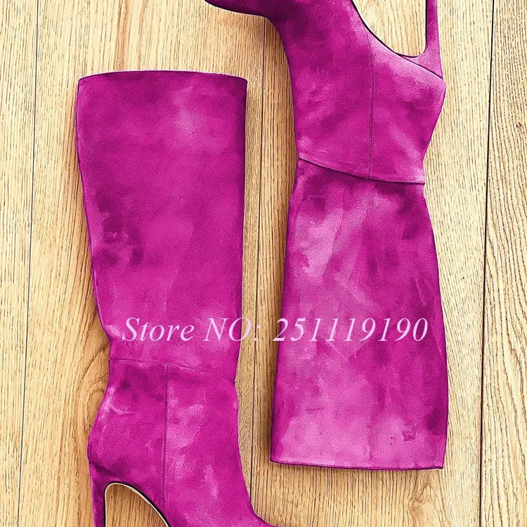 Royal Blue Boots Suede Pointed Toe Botas Women Luxury Designer Shoes Winter 2025 Pull On Slip On Stiletto Knee-high Booties New