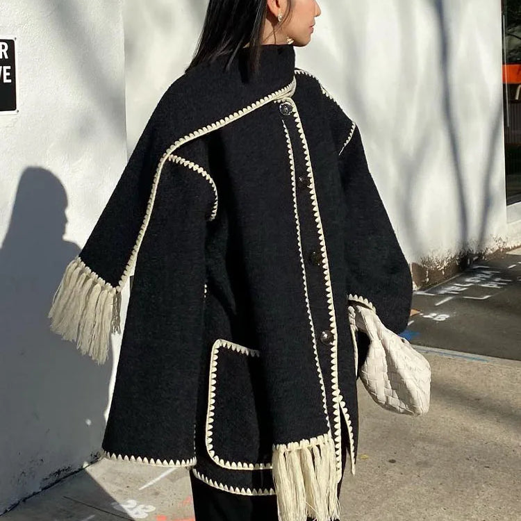 TRAFZA 2023 Autumn Fashion Woman Black Crochet Scarf Coat O Neck Long Sleeve Button Straight Casual Vintage Female Cozy Coats