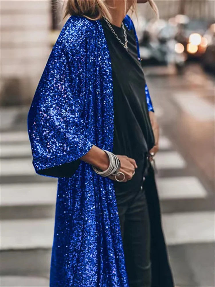 Fashion Sequins Jacket for Women Fall Winter Oversized Casual Party Coats Ladies Chic Long Sleeve Y2k Coats C