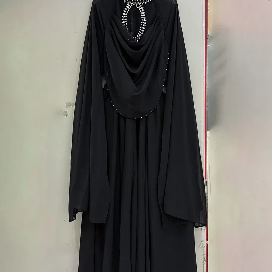 Solid Loose Sheer Spliced Bead Elegant Dresses for Women High Neck Long Sleeves Patchwork Folds Dress Female New