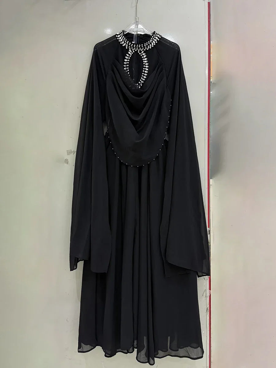 Solid Loose Sheer Spliced Bead Elegant Dresses for Women High Neck Long Sleeves Patchwork Folds Dress Female New