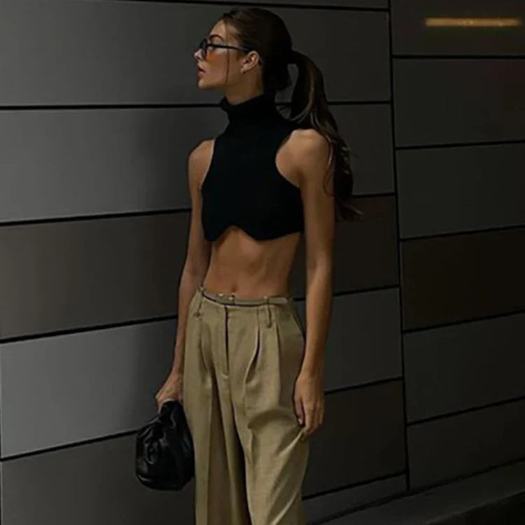 Y2k Black Knitting Turtleneck Crop Top Women Sexy Irregularity Skinny Elasticity Tank Top Fashion Club Top Streetwear