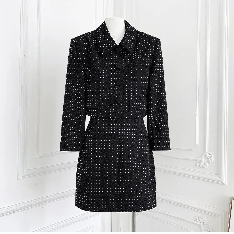 TWOTWINSTYLE Slimming Spliced Hot Fix Two Piece Sets for Women Lapel Long Sleeves Patchwork Single Breasted Top Skirt Set Female