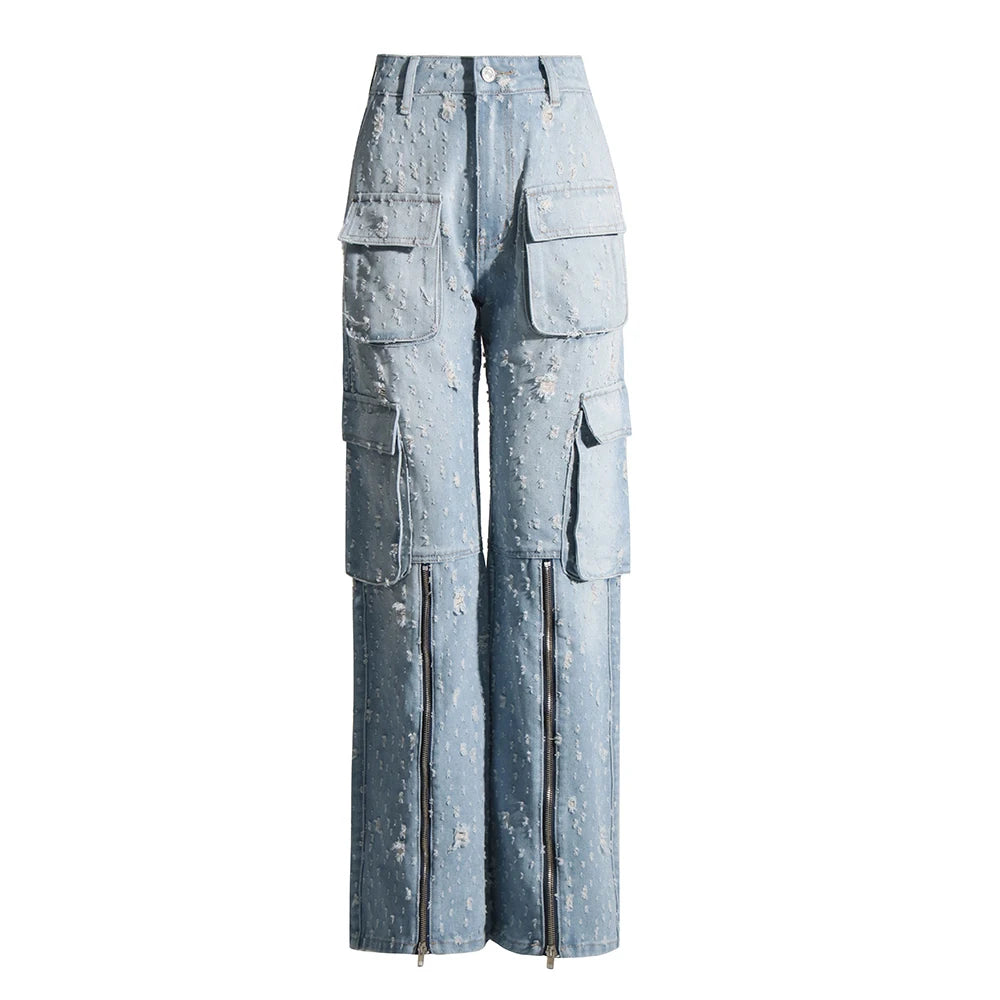 Solid Patchwork Pockets Casual Denim Trousers For Women High Waist Spliced Zipper Streetwear Wide Leg Jeans Female Fashion Blue