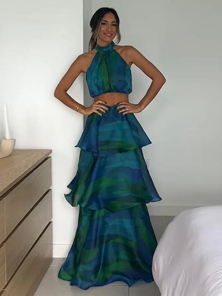 Printed Halter Top & Ruffles Dresses Waist Patchwork Fashion Crop Pullover Long Skirts Spring Summer Holiday Dress Bohe