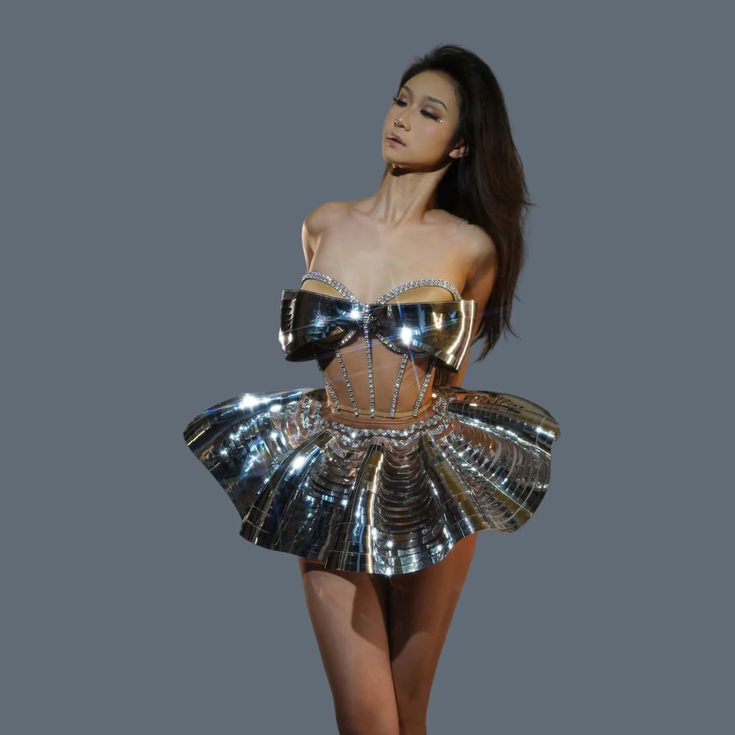 Special Design 2Piece Backless Bandage Mini Dress Set Dance Stage Outfit Sexy Party Performance Sequins Crystals Costume Feidie