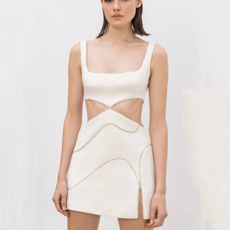 Ailigou 2023 New Summer Women'S White Sexy Luxury Diamond Cut-Out Vest Club Clothing Fashion Sleeveless Mini Bandage Dress