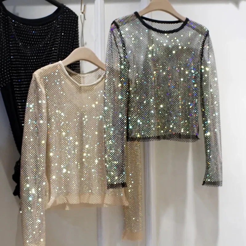 Chemise à manches longues et col rond avec strass pour femme, haut de tempérament brillant, Starlight ajouré et brillant, haut tendance, nouvelle collection été 