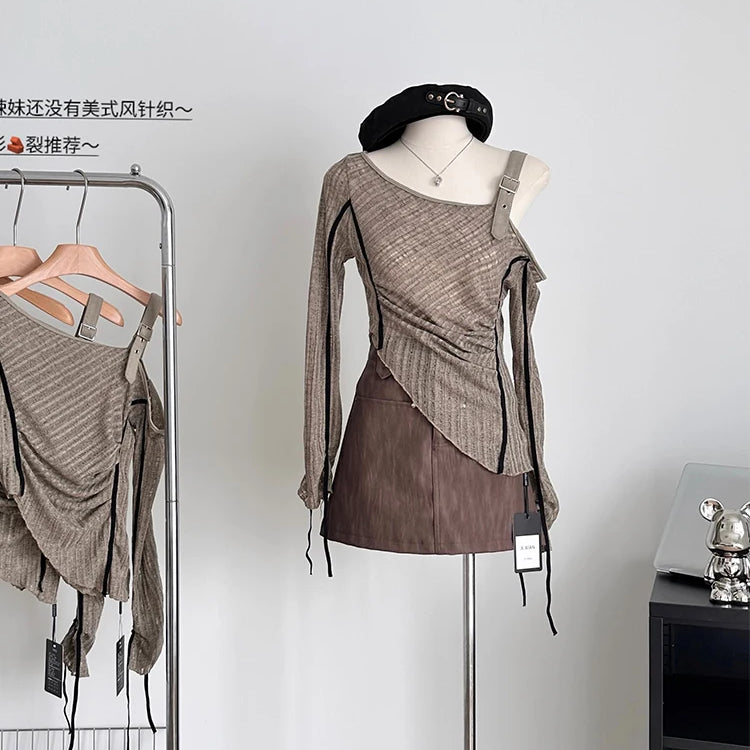 Autumn Woman Irregular Design Jerseys Gyaru Long Sleeve Cropped Tops Slash Neck Pullovers Y2k Streetwear 2000s Aesthetic Vintage