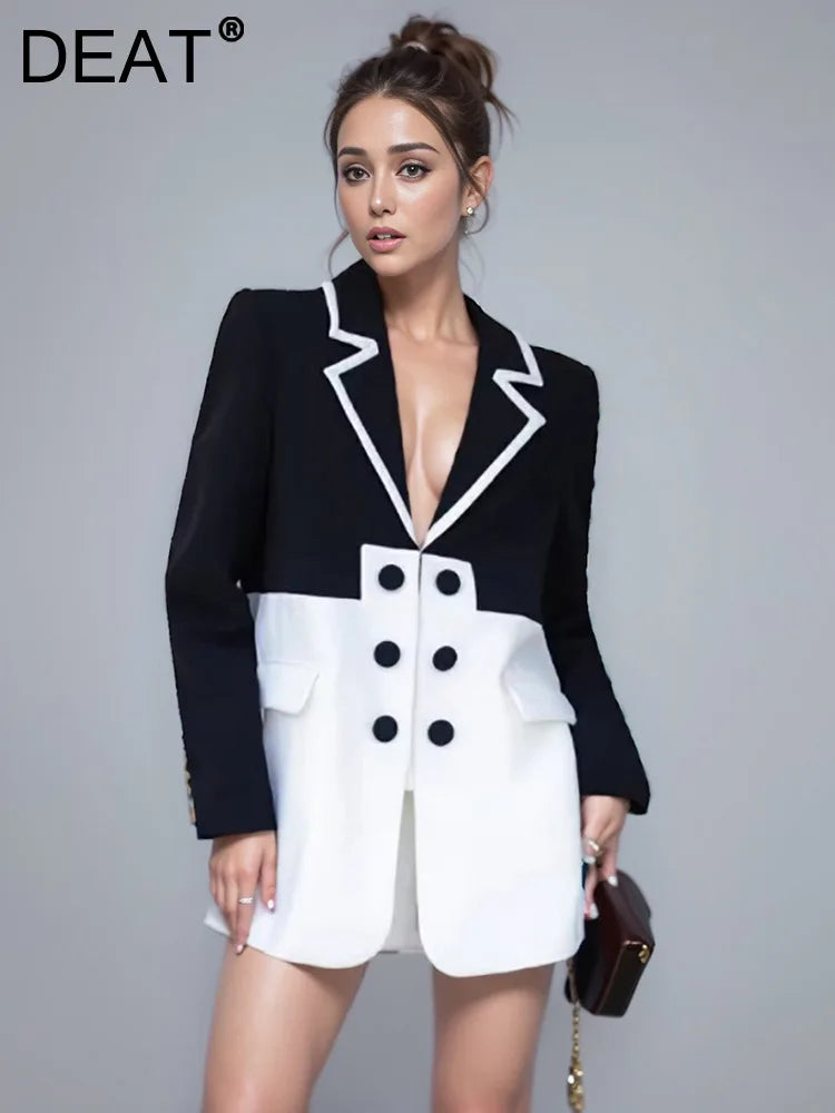 DEAT Fashion Women's Blazer Notched Collar Double Breasted Contrast Color Long Sleeve Suit Jackets Spring New Tide 17A2850