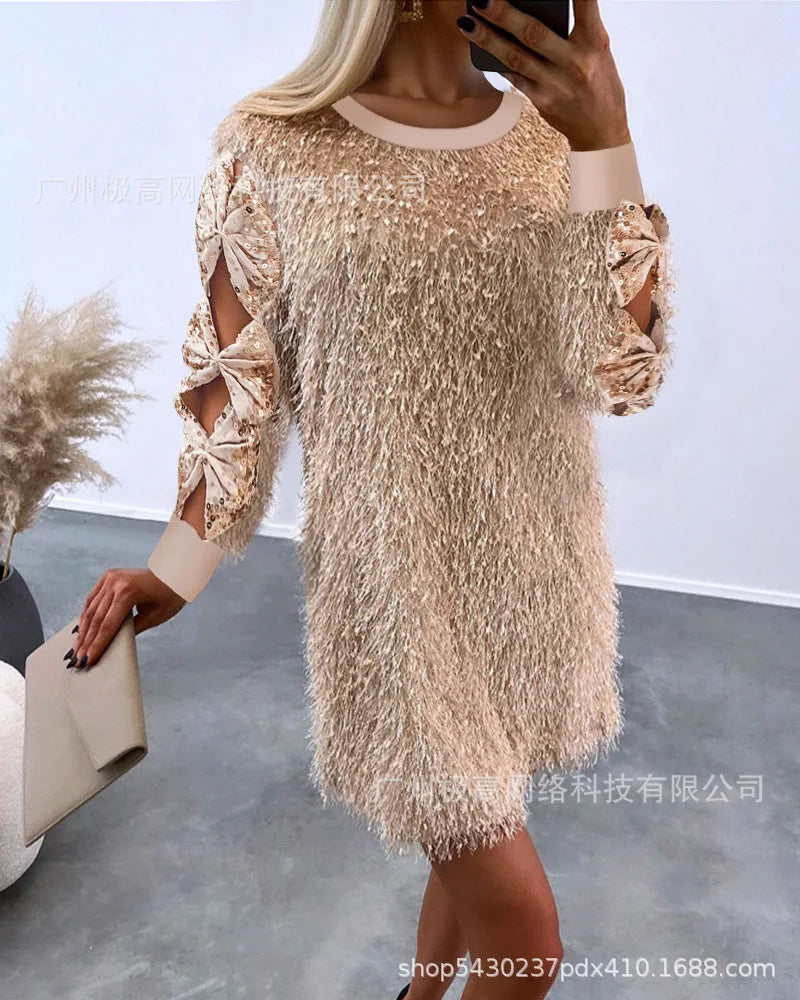 Women Dresses Spring Fashion Fluffy O-Neck Casual Plain Long Sleeve Daily Mini Straight Dress Woman Clothing Champagne