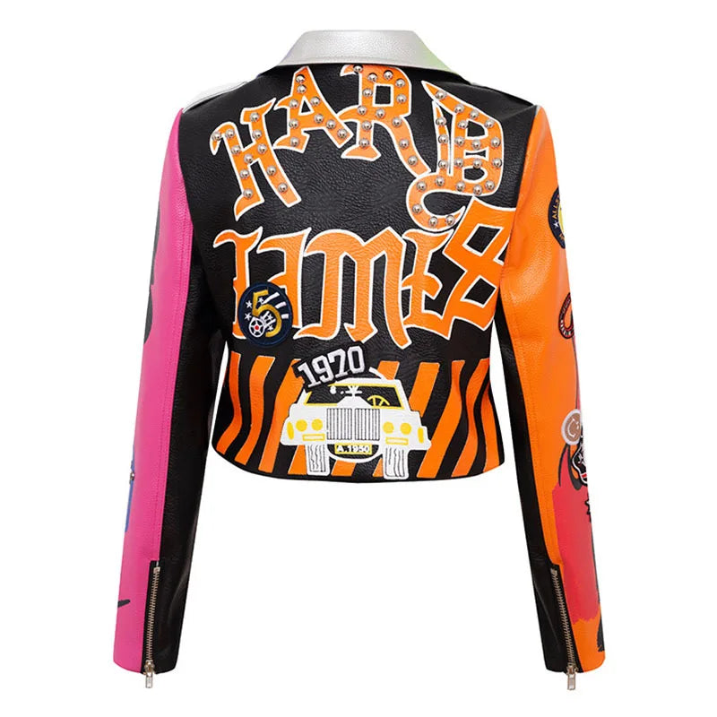 Cropped Leather Jackets Women Colorful Graffiti Studded Coat Punk Faux Leather Motorcycle Biker Jacket Ladies