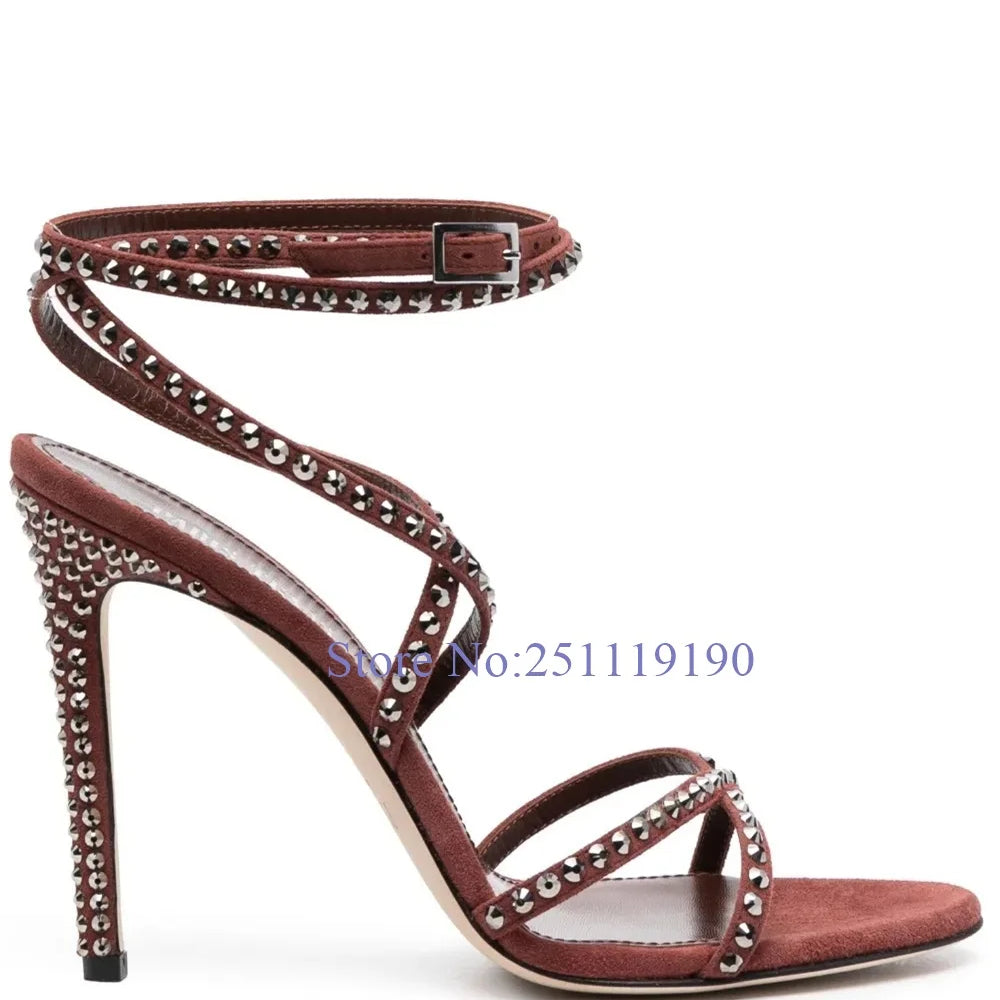 Brown Crystal Heeled Sandals Cross Strap Black High Heels Women Elegant Luxury Designer Shoes Summer 2025 Buckle Strap Sandalias