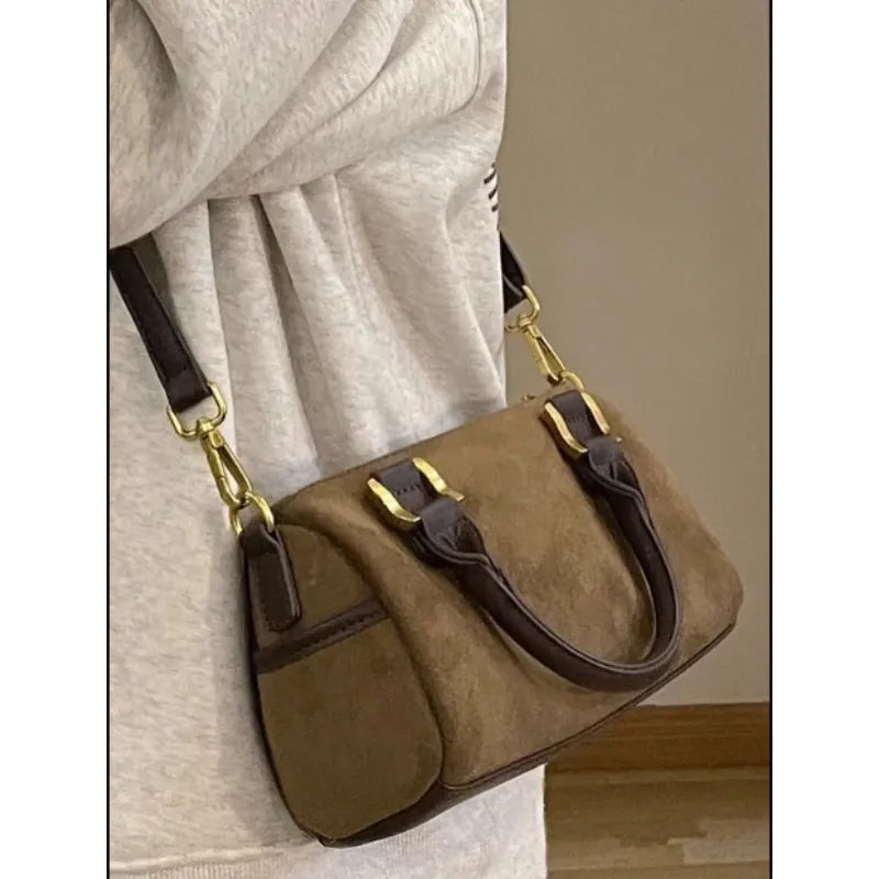 Retro Advanced Crossbody Bags Wintertime Fashion Trend Women's Portable Shoulder Bags Brown Suede Versatile Boston Bags