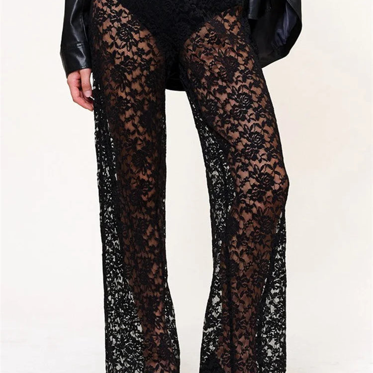 Women’s Sheer Lace Pants High Waist Wide Leg Flare Pants Bell-Bottoms Club Beach Sexy Trousers Streetwear