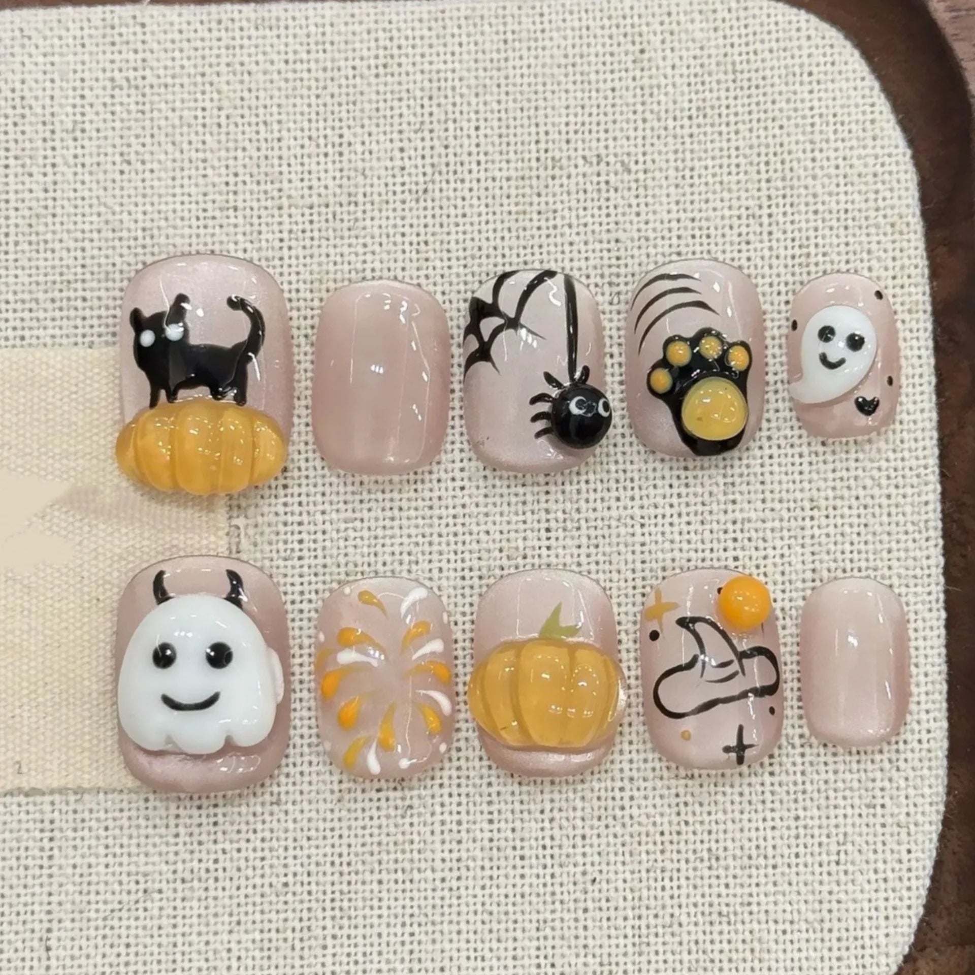10pcs Handmade False Nails Sets Halloween Pumpkin Spider Design Grey Short Round Press on Nails Art Detachable Fake Nail Tips