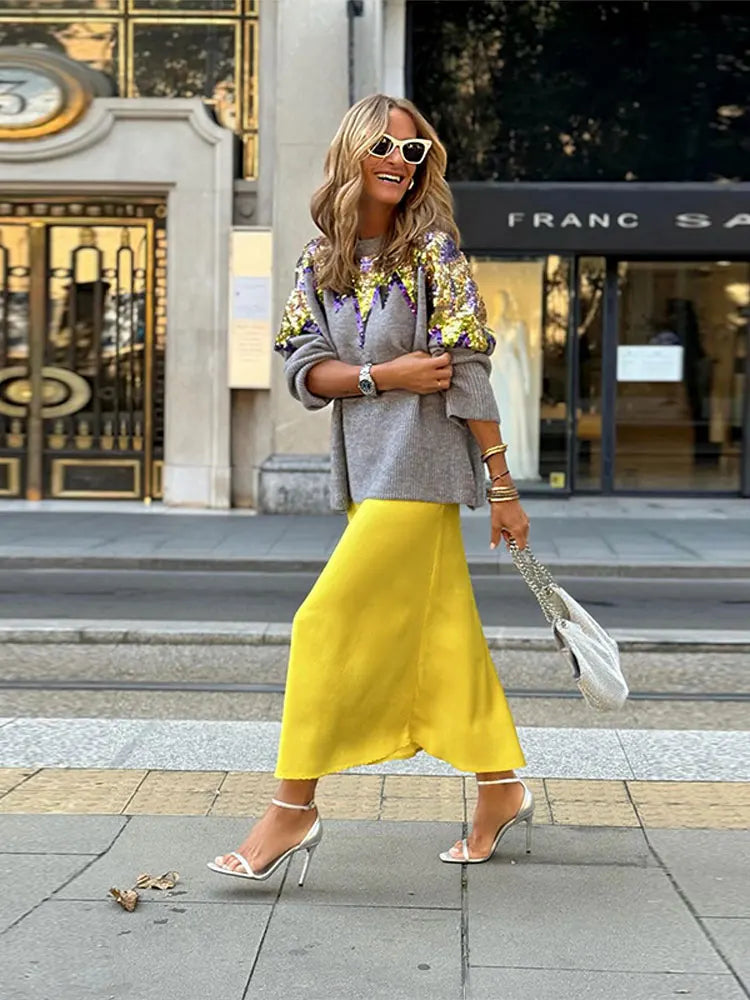 Women O-neck Long Sleeve Knitted Sweater Fashion Sequins Decor Loose Casual Pullovers Female Fall Winter Street Club Jumper