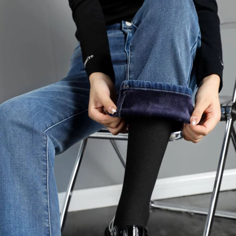 Autumn Winter Denim Jeans Women Double Row Vertical Buckle High Waisted Elastic Brand Slim Straight Warm Classic Smoke Pants