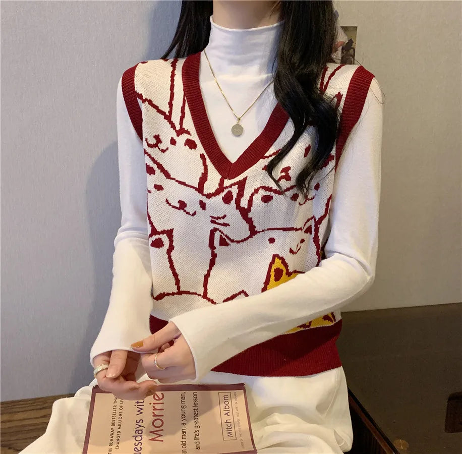 Women Sweater Vests Cat Print Knit Pullover Sleeveless V-neck Tank Sweater Autumn Winter Loose Fitting Top Streetwea Vintage WINE 40-57.5kg