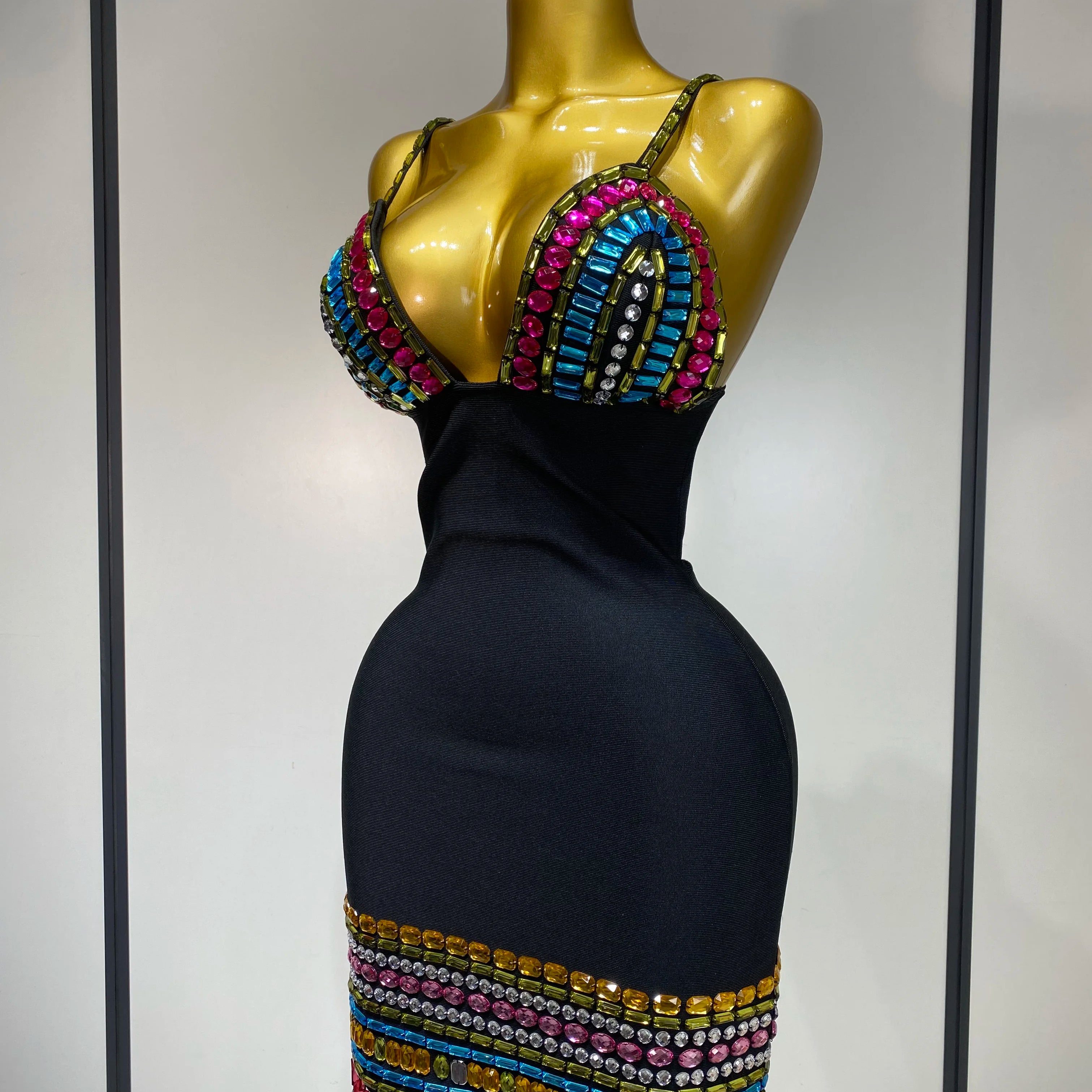 Sparkly Colorful Diamonds V Neck Black Bodycon Bandage Dress 2025 Celebrity Elegant Evening Club Party Luxury Birthday Dresses