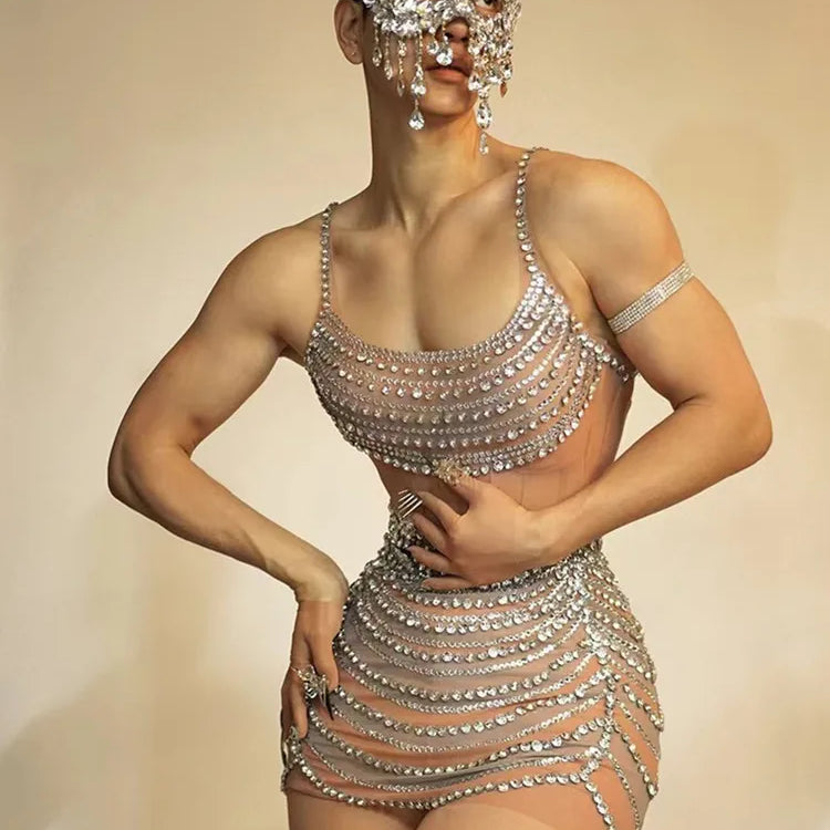 Celebridades femininas sensuais com decote em U, cristais e diamantes, minivestido de malha, fantasia para festa de aniversário, bar, boate, palco, roupa para apresentação