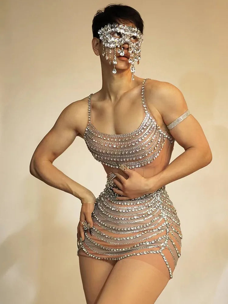 Celebridades femininas sensuais com decote em U, cristais e diamantes, minivestido de malha, fantasia para festa de aniversário, bar, boate, palco, roupa para apresentação