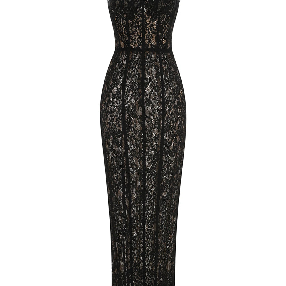 Elegant Lace Spaghetti Strap Long Dress Women Slim Sleeveless Sling Evening Party Gowns 2025 Summer New Female Fashion Robe