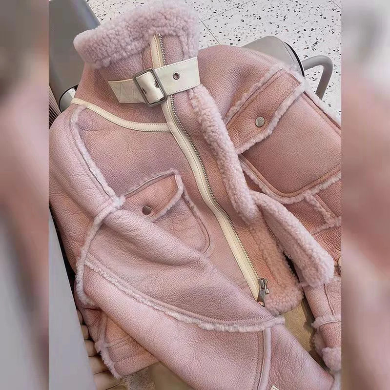 Streetwear Faux Fur Jacket Women Cropped Suede Leather Lamb Wool Coat Sweet Korean Motorcycle Stand Collar Fleece Short Outwear