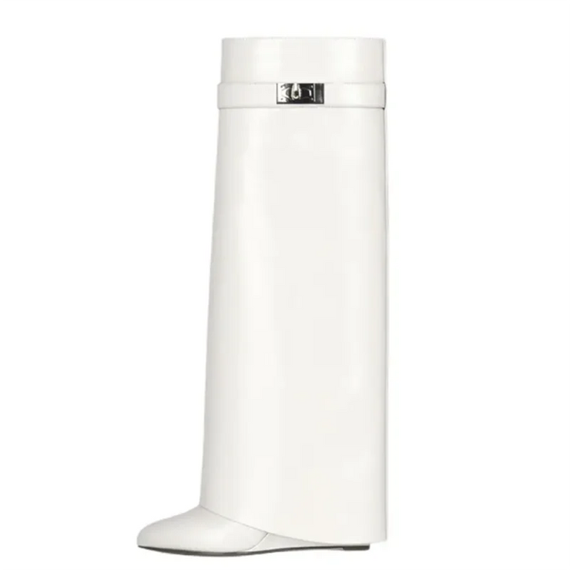 Shark Lock Women Boots Brand Design Genuine Leather Slip-on Knee High Boots For Woman Motorcycle Botas Mujer Fashion Wedge Shoes