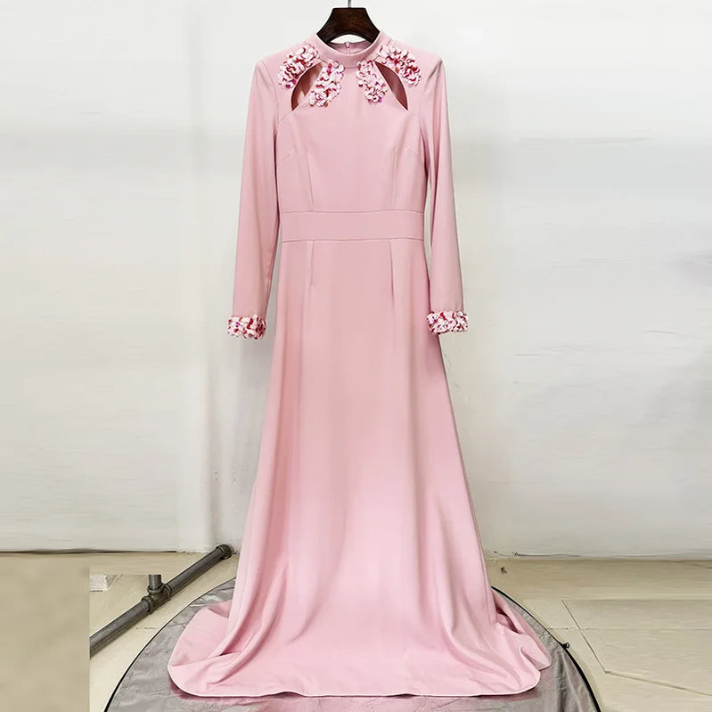 TWOTWINSTYLE Solid Slimming Spliced Sequins Elegant Dresses for Women High Neck Long Sleeves Hollow Out Long Dress Female New