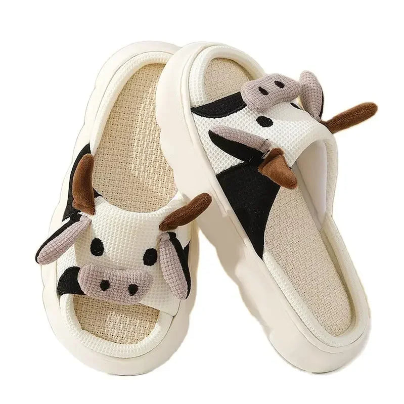 Women Milk Cow Linen Slippers Four Seasons Men Indoor Sandals Adults Cartoon Slides Couples Cute Breathable Home Shoes